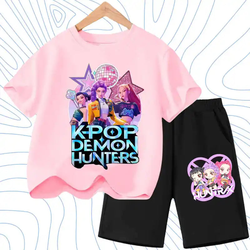 Summer Girls Casual T Shirt Sets K POP Cartoon Printed Kids Fashion Outfits Teen Children's O Neck Short Sleeve Tops Shorts 2pcs