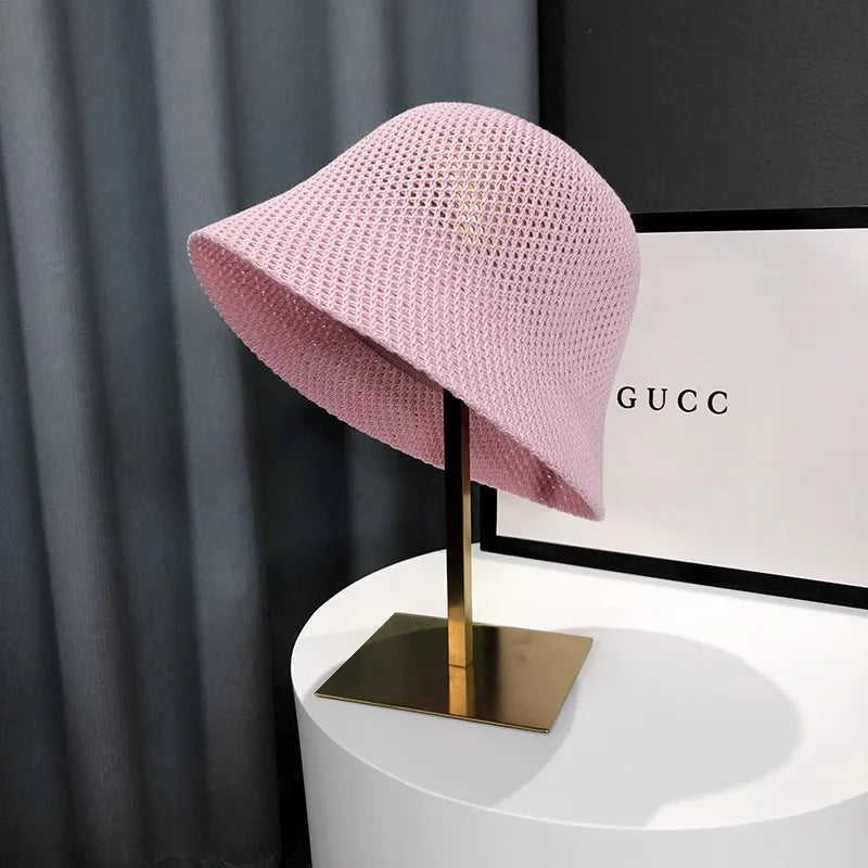 New Summer Beach Solid Wide Brim Bucket Hat For Women Hollow Breathable Sunshade Outdoor Girls Travel Panam Fisherman Cap Gift