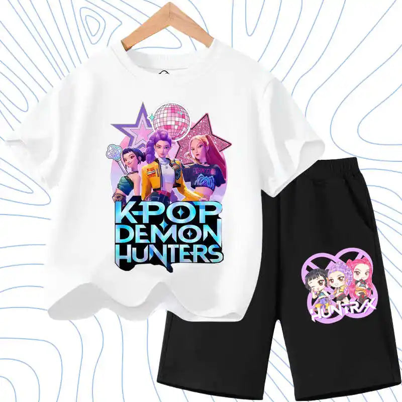 Summer Girls Casual T Shirt Sets K POP Cartoon Printed Kids Fashion Outfits Teen Children's O Neck Short Sleeve Tops Shorts 2pcs