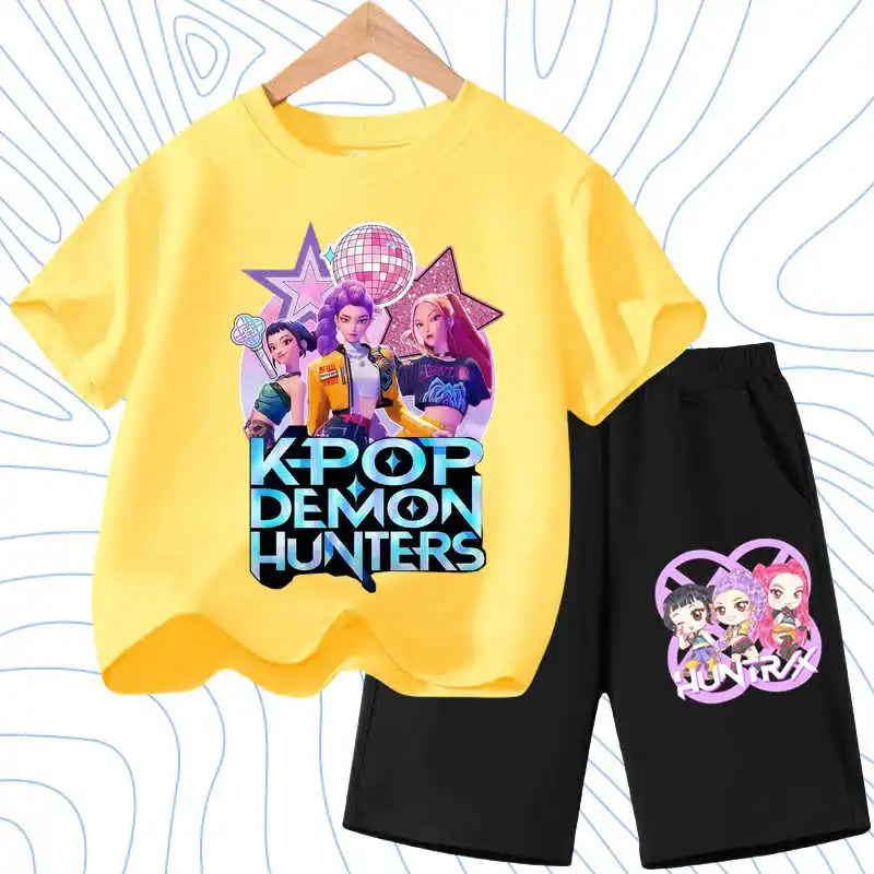 Summer Girls Casual T Shirt Sets K POP Cartoon Printed Kids Fashion Outfits Teen Children's O Neck Short Sleeve Tops Shorts 2pcs