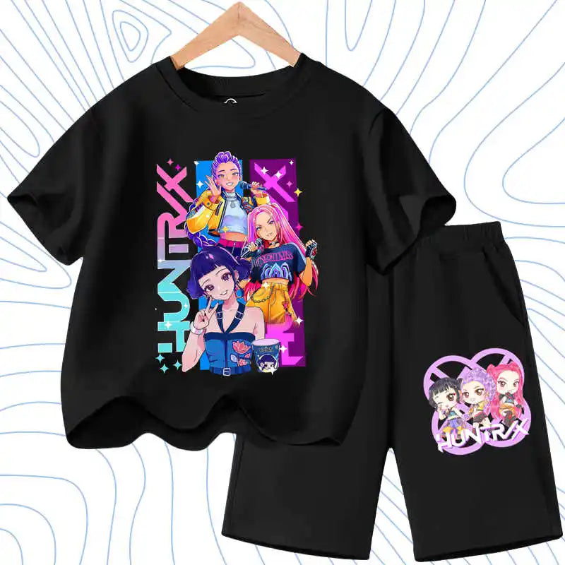 Summer Girls Casual T Shirt Sets K POP Cartoon Printed Kids Fashion Outfits Teen Children's O Neck Short Sleeve Tops Shorts 2pcs
