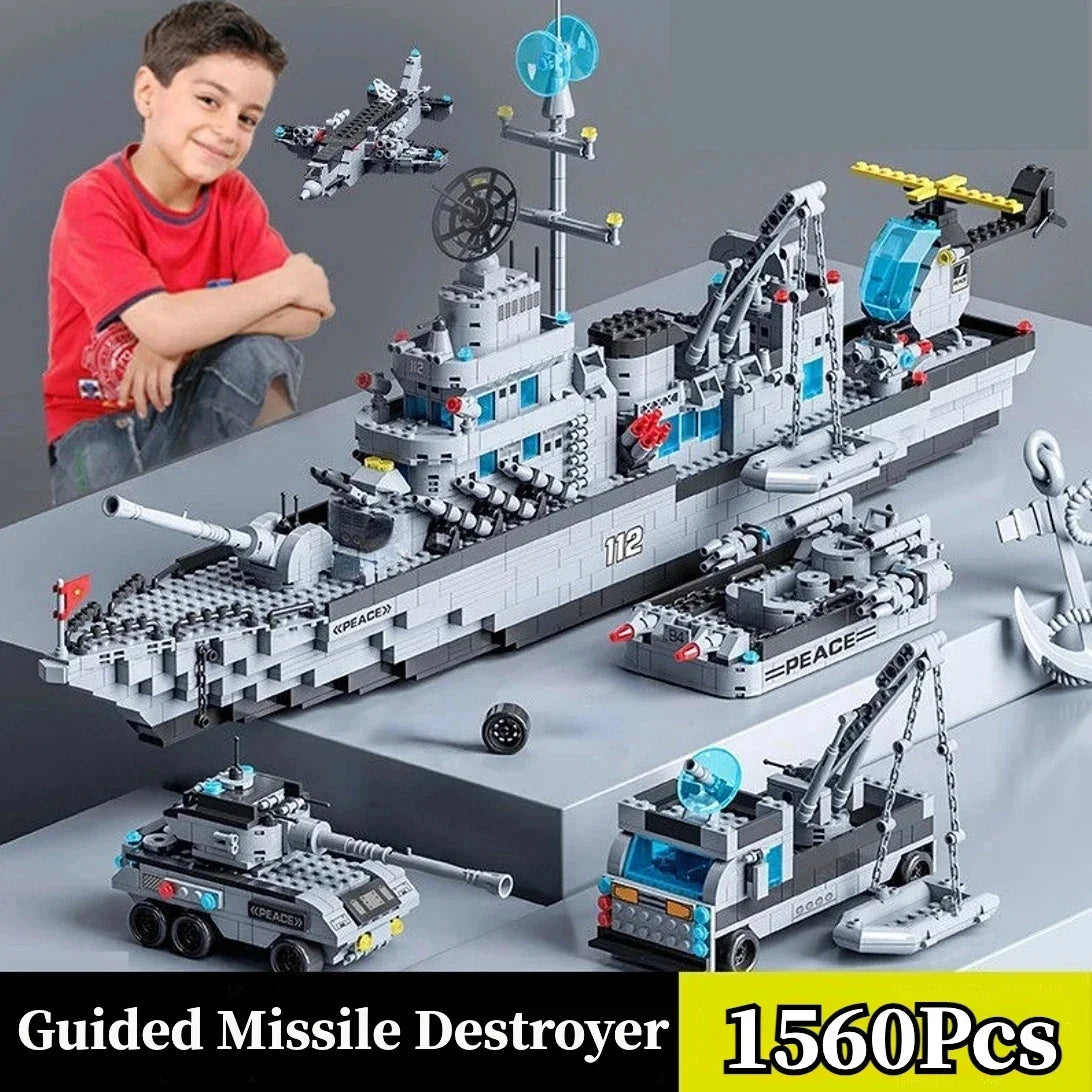 65.5CM 6 IN 1 Military Navy Ship Sets Building Blocks War Army Boat Plane Model Toys for Boys Bricks Toys Christmas Gifts