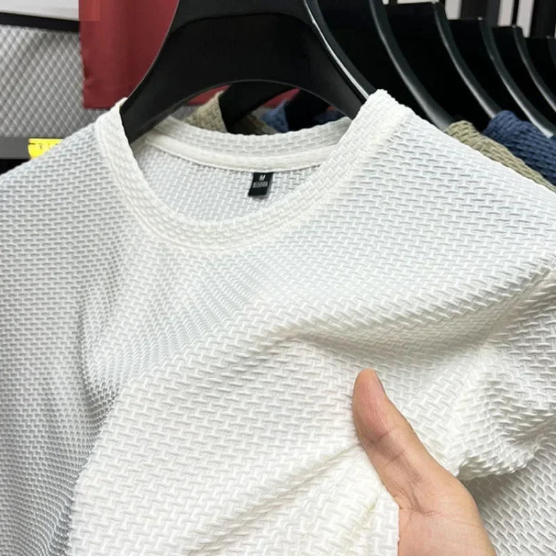 Summer Ice Silk High-End Solid Color High Quality Short Sleeve T Shirts Men's Breathable Fashion T-Shirt Male Brand Clothes 4XL
