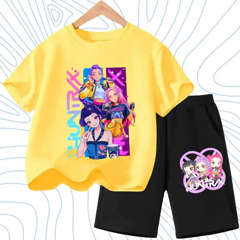 Summer Girls Casual T Shirt Sets K POP Cartoon Printed Kids Fashion Outfits Teen Children's O Neck Short Sleeve Tops Shorts 2pcs