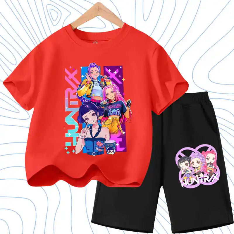 Summer Girls Casual T Shirt Sets K POP Cartoon Printed Kids Fashion Outfits Teen Children's O Neck Short Sleeve Tops Shorts 2pcs